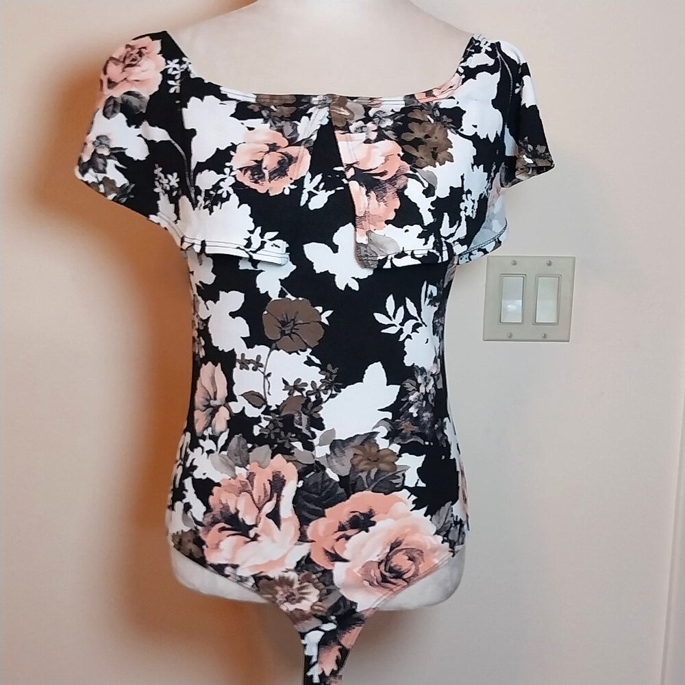 Charlotte Russe Black Floral Off-Shoulder Bodysuit with Pink & Brown Flowers